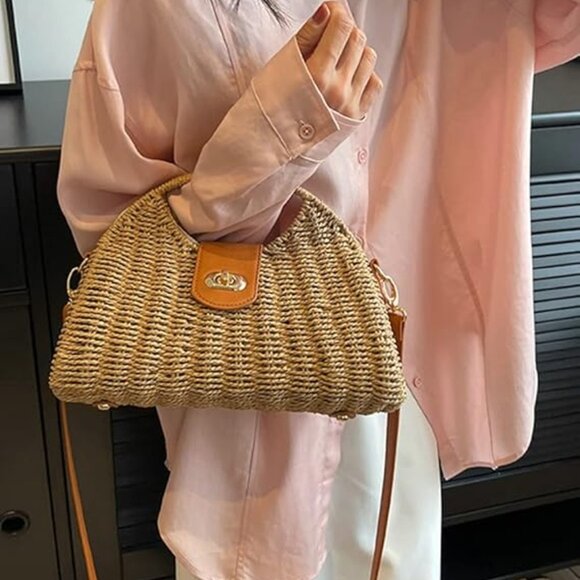 Neiman Marcus Khaki Twist Lock Summer Straw Bag - Picture 1 of 7